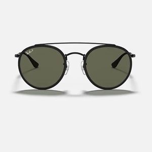 RAYBAN round double bridge in black rim, black lenses, Polarized